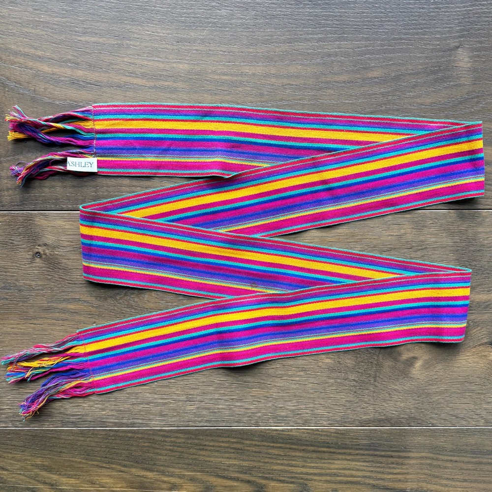 Laura Ashley Vintage Woven Striped Fringe Sash Belt OS Bright Pink Multicolor
